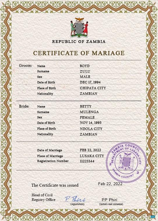 Download Zambia marriage certificate PSD template Photoshop template